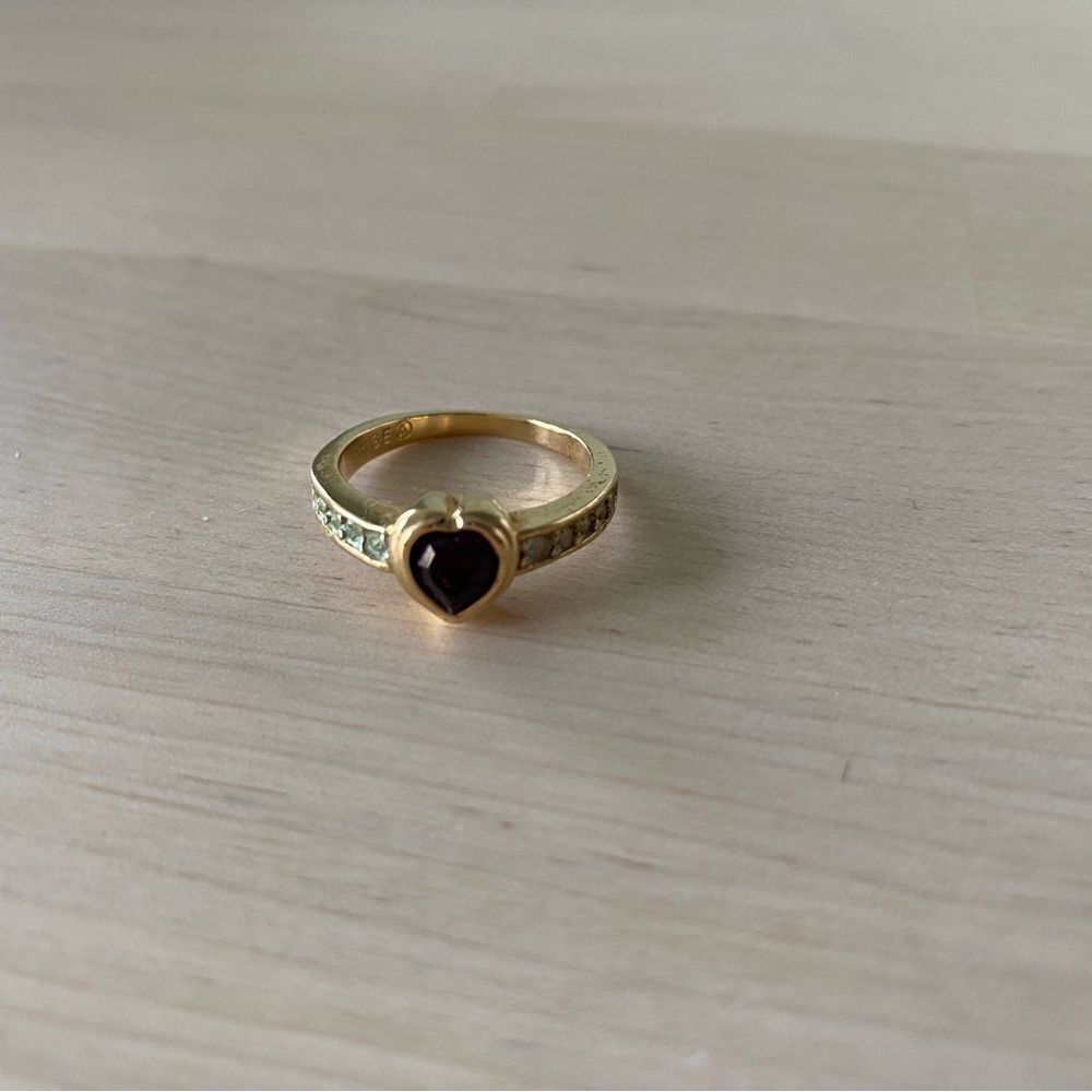 Vintage 18 Karat Gold Covered Valentine with Rose Red Heart Stone in center Ring